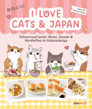 Vier gezeichnete Katzen sitzen an einem Tisch mit japanisch inspirierten Speisen und darunter sind Fotos von niedlich gestalteten Bento-Gerichten und S igkeiten zu sehen.  Beschreibung von KI generiert