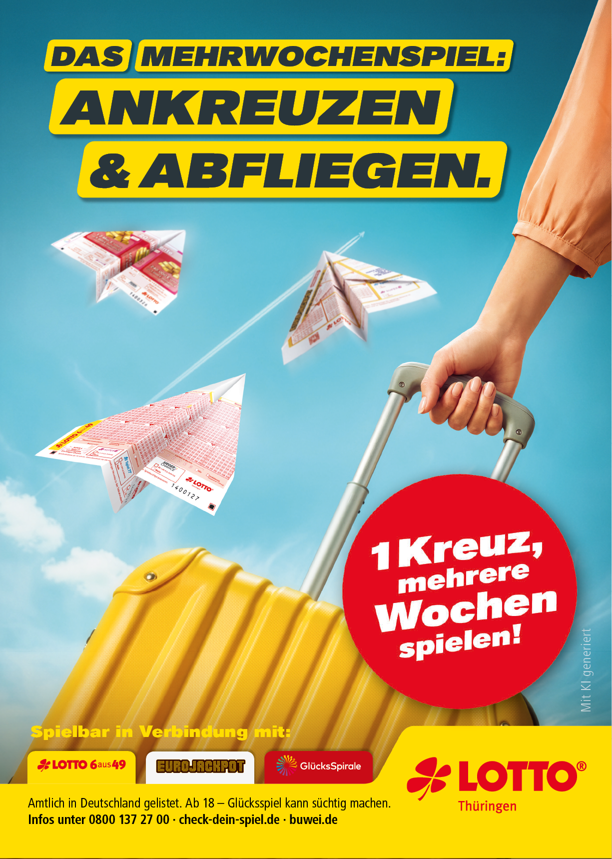 Eine Hand zieht einen gelben Koffer, w hrend Papierflieger aus Spielscheinen in den Himmel fliegen und ein roter Kreis mit dem Text zum Mitspielen bei Lotto Th ringen auffordert. Beschreibung von KI generiert