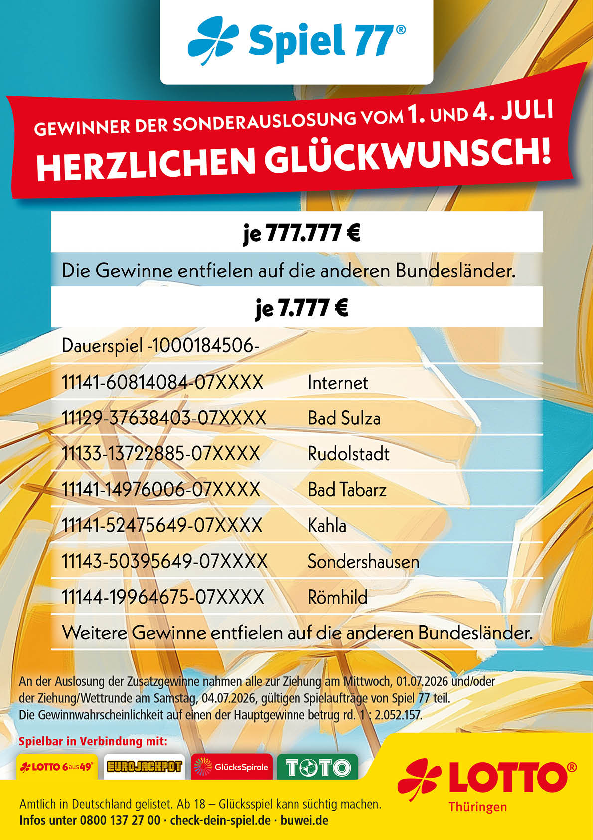 Spiel 77 Gl ckwunschkarte mit Gewinnern der Sonderauslosung vom 1. und 4. Juli und Angaben zu den Gewinnbetr gen und Bundesl ndern. Beschreibung von KI generiert