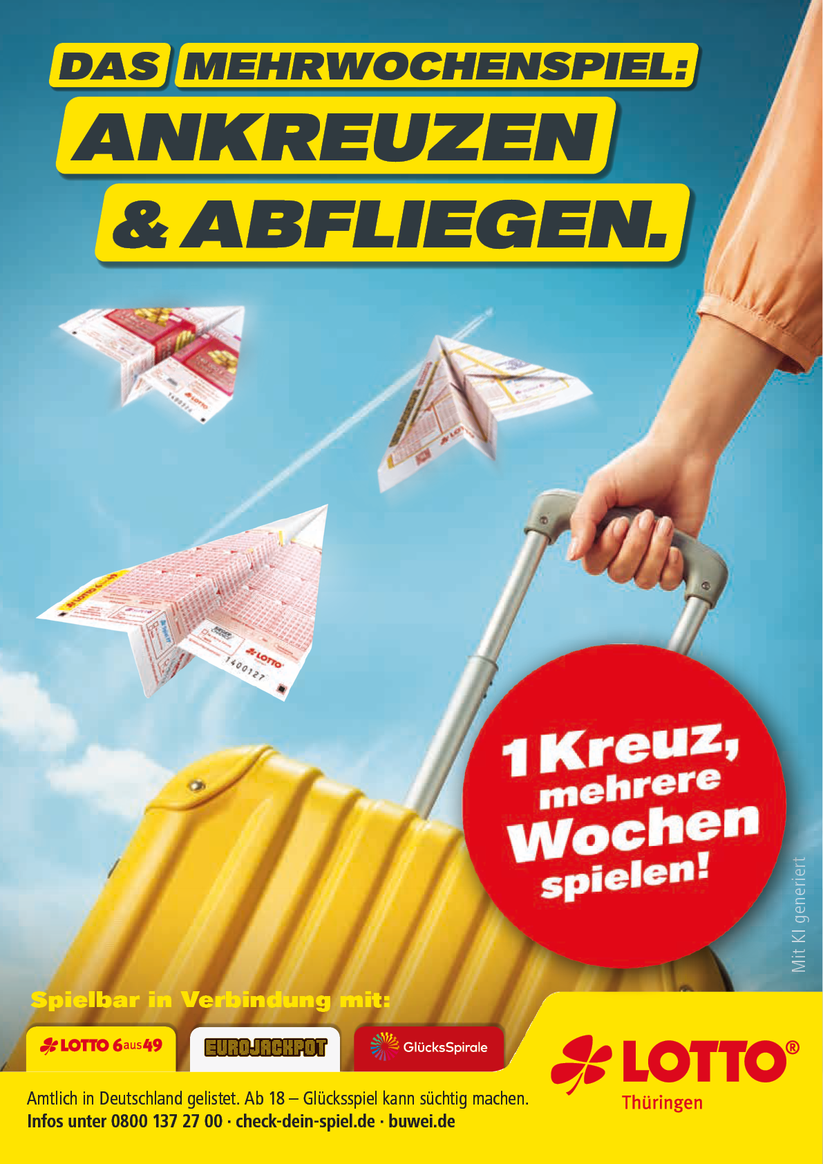 Werbung f r ein Mehrwochenspiel von Lotto mit Papierfliegern aus Geldscheinen und einer Hand, die einen gelben Koffer zieht. Beschreibung von KI generiert