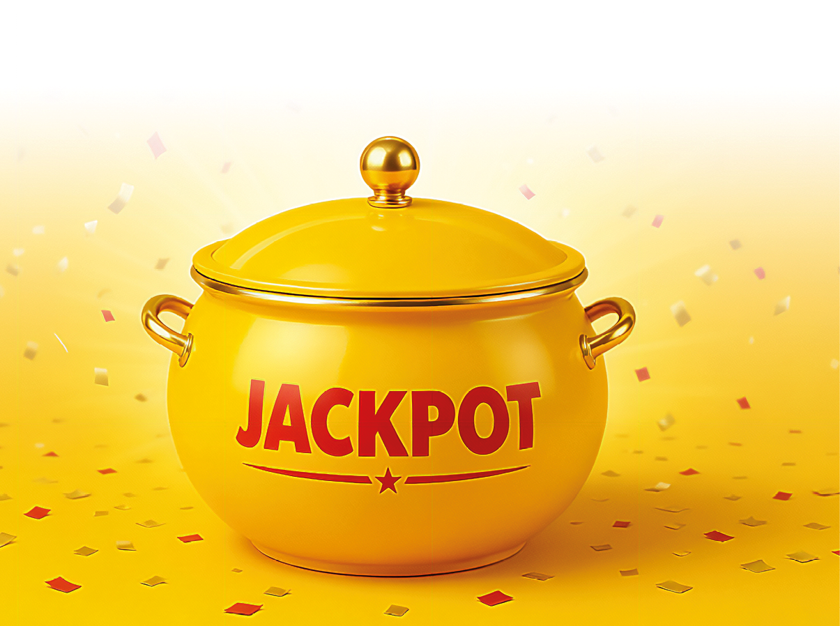Ein gelber Topf mit Deckel steht vor einem gelben Hintergrund und tr gt in roten Buchstaben das Wort Jackpot. Beschreibung von KI generiert