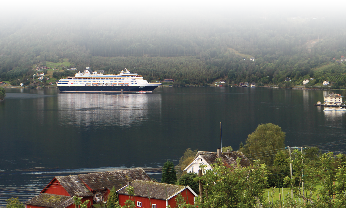 Ein gro es Kreuzfahrtschiff f hrt auf einem ruhigen Fjord, umgeben von bewaldeten Bergen und roten H usern im Vordergrund. Beschreibung von KI generiert