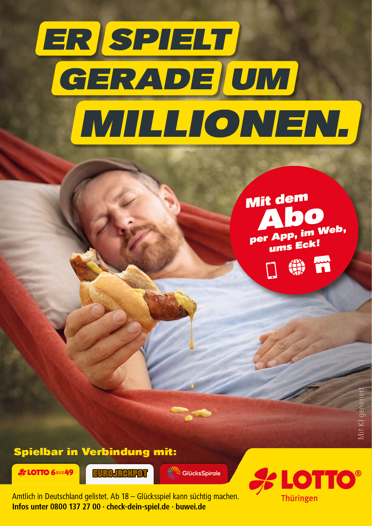 Eine Person liegt entspannt in einer H ngematte und h lt ein Hotdog in der Hand, w hrend gelber Text auf dem Bild auf ein Gewinnspiel mit Lotto hinweist. Beschreibung von KI generiert