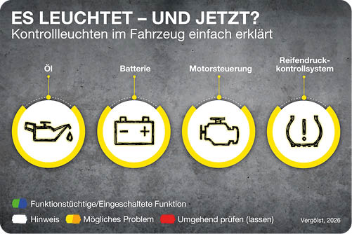 Erkl rung von vier Fahrzeug-Kontrollleuchten f r l, Batterie, Motorsteuerung und Reifendruckkontrollsystem mit Farblegende f r Funktionsstatus und Handlungsbedarf.  Beschreibung von KI generiert