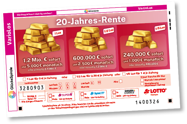 Ein farbenfrohes Werbelos f r eine 20-Jahres-Rente zeigt drei Optionen mit Goldbarren und unterschiedlichen Sofort- und Monatsauszahlungen sowie Felder zum Ausf llen von Losnummer und pers nlichen Angaben. Beschreibung von KI generiert