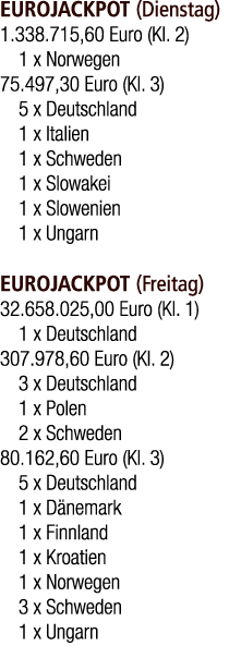EUROJACKPOT (Dienstag) 1.338.715,60 Euro (Kl. 2) 1 x Norwegen 75.497,30 Euro (Kl. 3) 5 x Deutschland 1 x Italien 1 x ...