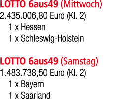 LOTTO 6aus49 (Mittwoch) 2.435.006,80 Euro (Kl. 2) 1 x Hessen 1 x Schleswig Holstein LOTTO 6aus49 (Samstag) 1.483.738,...