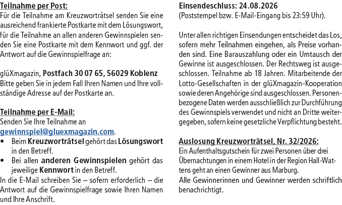 Teilnahme per Post: F r die Teilnahme am Kreuzwortr tsel senden Sie eine ausreichend frankierte Postkarte mit dem L s...