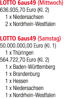 LOTTO 6aus49 (Mittwoch) 636.935,70 Euro (Kl. 2) 1 x Niedersachsen 2 x Nordrhein Westfalen LOTTO 6aus49 (Samstag) 50.0...