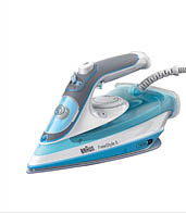 Ein modernes Dampfb geleisen in Blau- und Graut nen mit einem ergonomischen Griff und einem Kabelanschluss. Beschreibung von KI generiert
