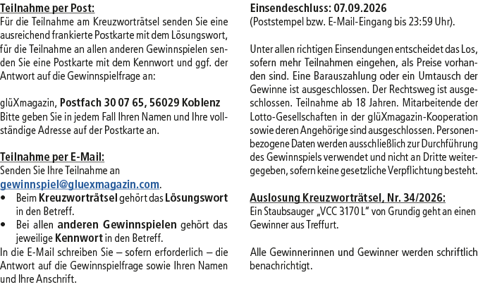 Teilnahme per Post: F r die Teilnahme am Kreuzwortr tsel senden Sie eine ausreichend frankierte Postkarte mit dem L s...