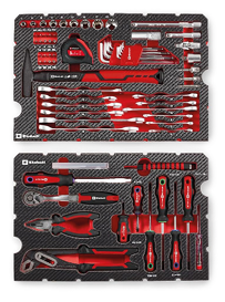 Zwei Werkzeugk sten mit verschiedenen Schraubendrehern, Zangen, Schraubenschl sseln, Steckschl sseln und Messwerkzeugen in einem organisierten, schwarzen und roten Design. Beschreibung von KI generiert