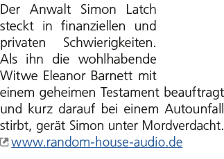 Der Anwalt Simon Latch steckt in finanziellen und privaten Schwierigkeiten. Als ihn die wohlhabende Witwe Eleanor Bar...