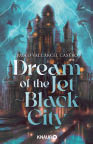 Eine d stere, von Blitzen erleuchtete Fantasiestadt mit hohen T rmen und Schatten von fliegenden Kreaturen im Himmel, auf deren Vordergrund der Titel „Dream of the Jet Black City“ und der Autor Pablo Valc rcel Castro zu sehen sind. Beschreibung von KI generiert