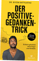 Ein nachdenklich wirkende Person vor gelbem Hintergrund mit dem Titel „Der Positive-Gedanken-Trick“ und dem Hinweis auf schnelle Hilfe f r Overthinker. Beschreibung von KI generiert
