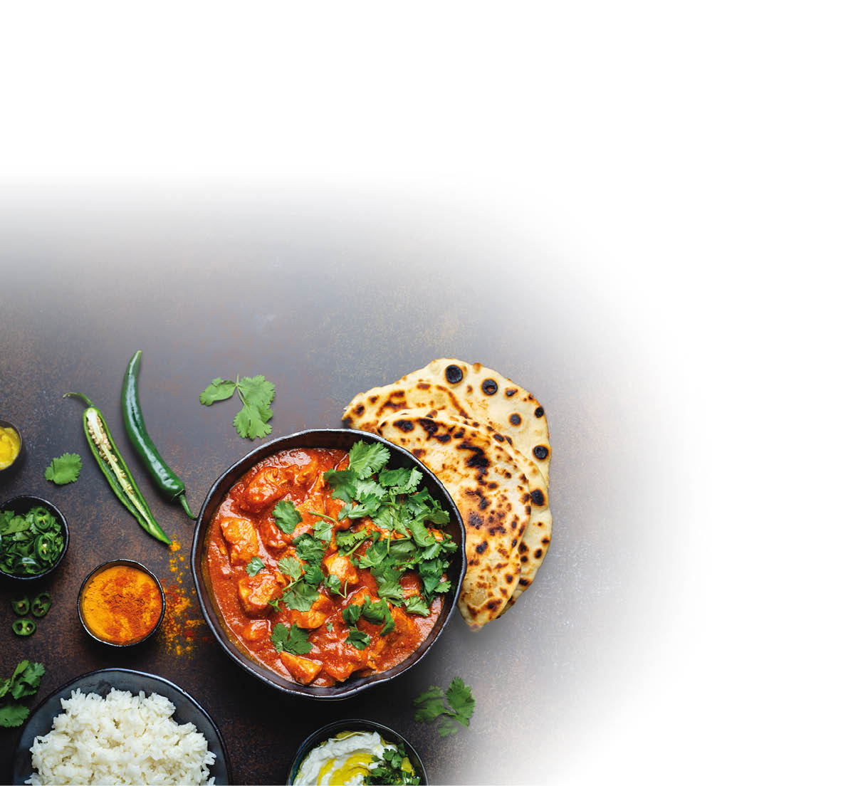 Ein Teller mit Currygericht, garniert mit frischem Koriander, begleitet von Naan-Brot, Reis und verschiedenen Gew rzen und Kr utern auf einem dunklen Untergrund. Beschreibung von KI generiert