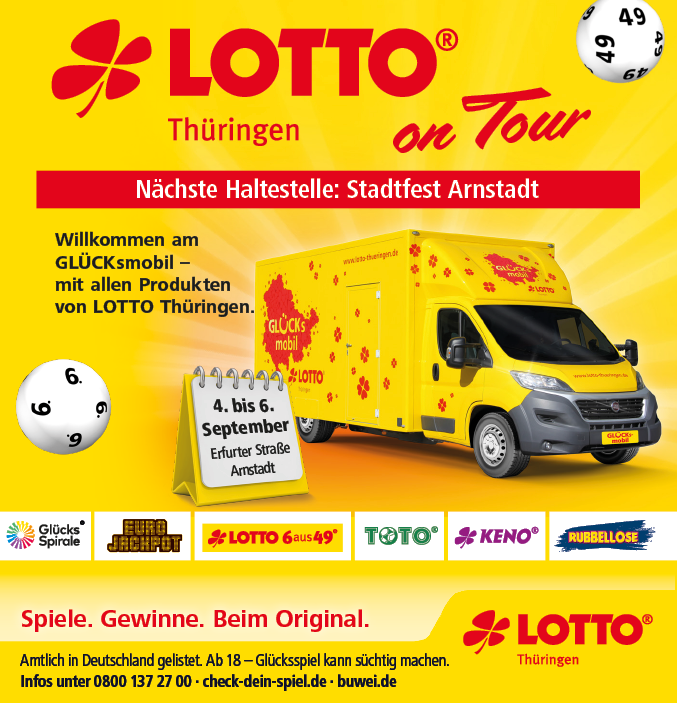 Ein gelber Lotto Th ringen Gl cksmobil-Transporter steht vor einem gelben Hintergrund mit Informationen zu einer Tour und dem n chsten Halt beim Stadtfest Arnstadt sowie verschiedenen Lotto-Spielangeboten. Beschreibung von KI generiert