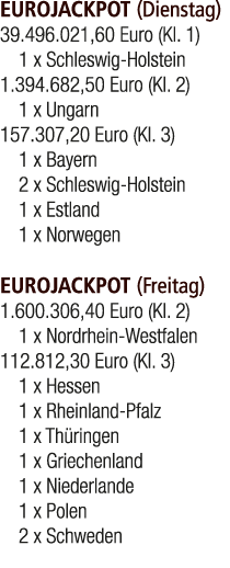 EUROJACKPOT (Dienstag) 39.496.021,60 Euro (Kl. 1) 1 x Schleswig Holstein 1.394.682,50 Euro (Kl. 2) 1 x Ungarn 157.307...