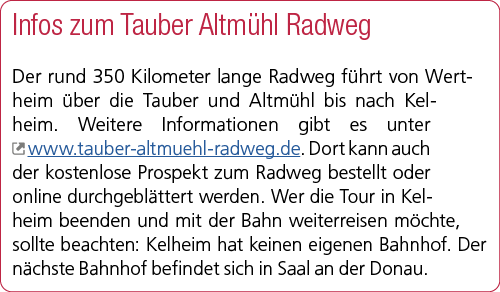 Infos zum Tauber Altm hl Radweg Der rund 350 Kilometer lange Radweg f hrt von Wertheim ber die Tauber und Altm hl bi...