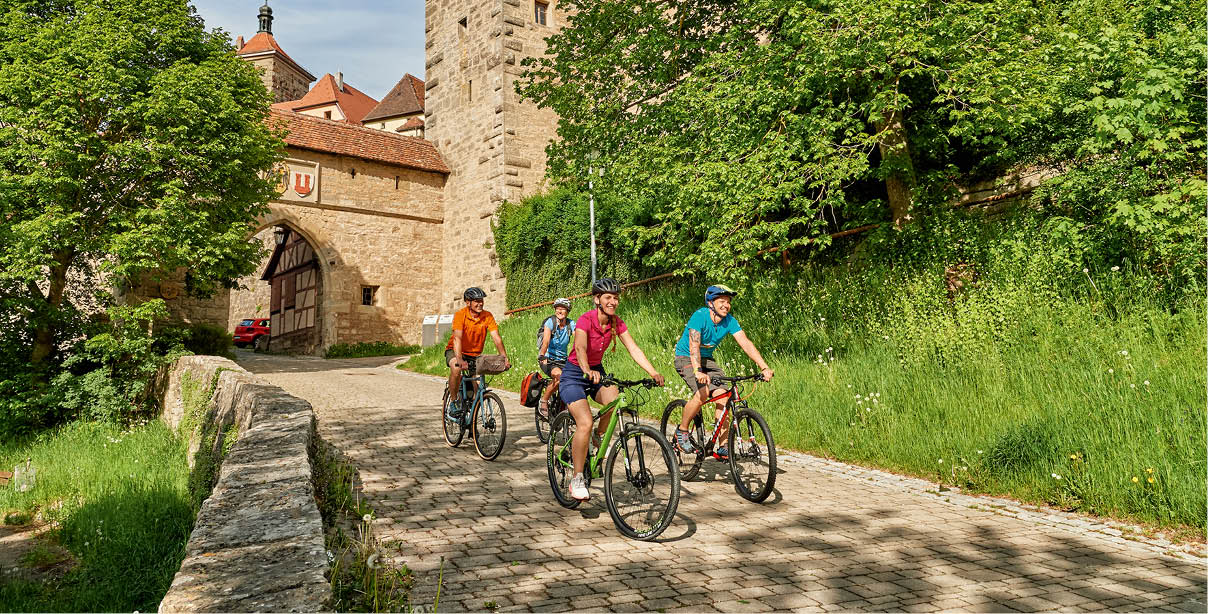 Vier Erwachsene fahren bei sonnigem Wetter mit Fahrr dern auf einem gepflasterten Weg entlang einer historischen Steinmauer und einem Torbogen, umgeben von gr nen B umen und Wiesen. Beschreibung von KI generiert