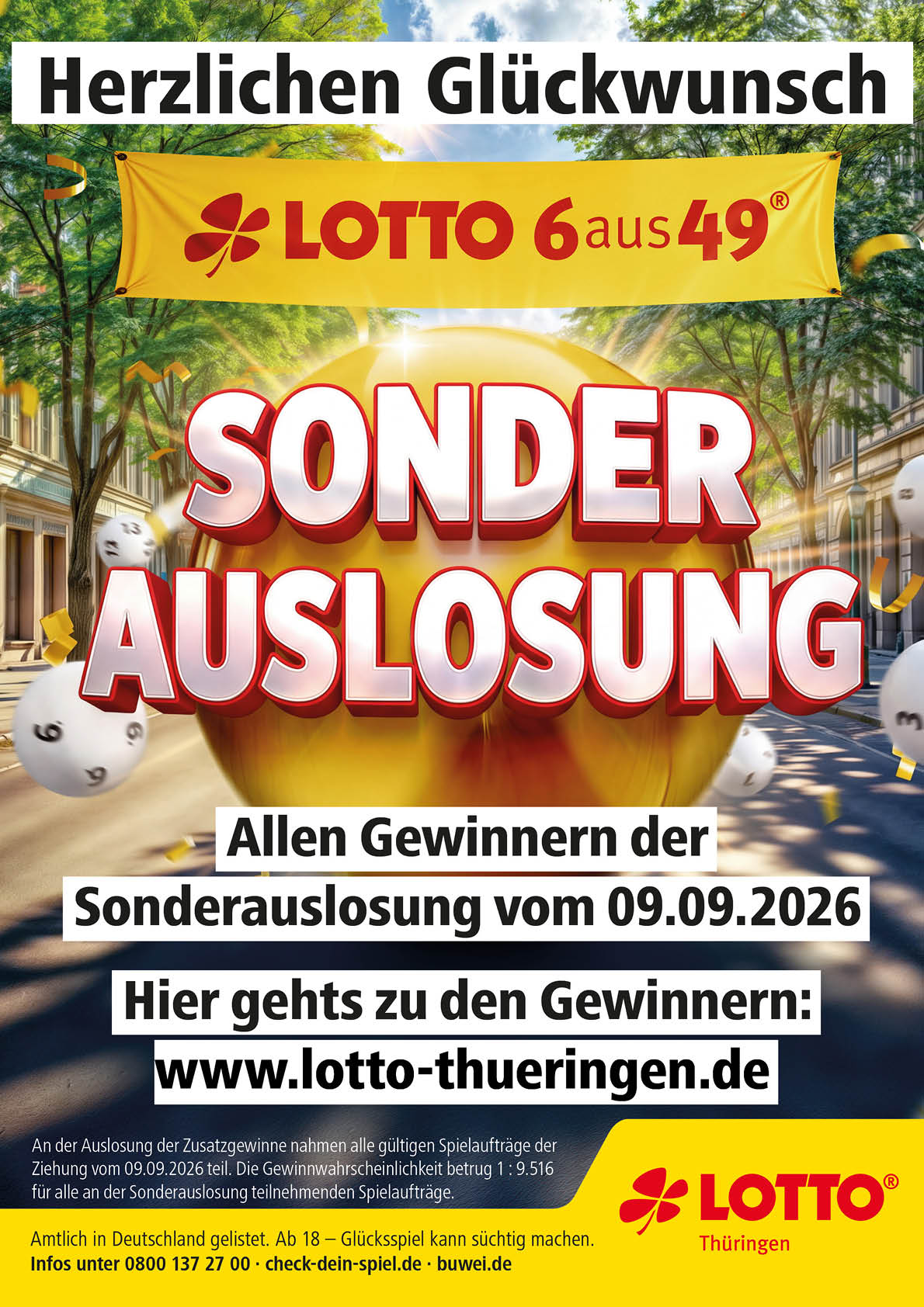 Herzlichen Gl ckwunsch zur Sonderauslosung von Lotto 6 aus 49 mit Hinweis auf die Gewinnerliste und Teilnahmebedingungen f r die Ziehung am 09.09.2026. Beschreibung von KI generiert