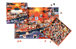 Ein Puzzle mit einem farbenfrohen Bild von Menschen in einem modernen, mehrst ckigen Geb ude vor einer Landschaft mit Bergen und Wasser, wobei einige Puzzleteile bereits zusammengesetzt sind und andere noch lose liegen. Beschreibung von KI generiert