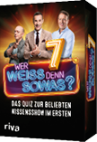 Drei Erwachsene stehen vor einem leuchtenden, bunten Schriftzug mit der Aufschrift „Wer wei denn sowas?“ und darunter der Text „Das Quiz zur beliebten Wissensshow im Ersten“.  Beschreibung von KI generiert