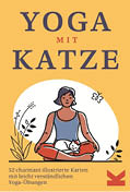 Eine Person sitzt im Schneidersitz in einer Yoga-Pose mit einer Katze auf dem Scho vor einem gelben Hintergrund mit Pflanzen und Schmetterling.  Beschreibung von KI generiert