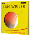 Gelbes H rbuchcover mit dem Titel Das Vogelhaus von Jan Weiler und einem runden Ausschnitt, der einen verschwommenen Farbverlauf in Rot, Orange und Wei zeigt.  Beschreibung von KI generiert
