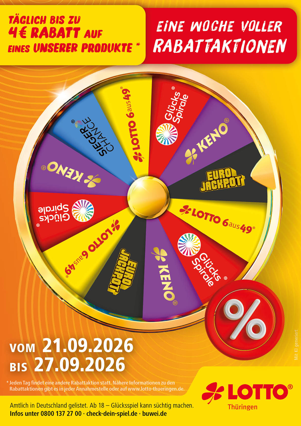 Ein buntes Gl cksrad mit verschiedenen Gewinnfeldern und einem Hinweis auf eine Rabattaktion von Lotto Th ringen mit Aktionszeitraum im September 2026. Beschreibung von KI generiert