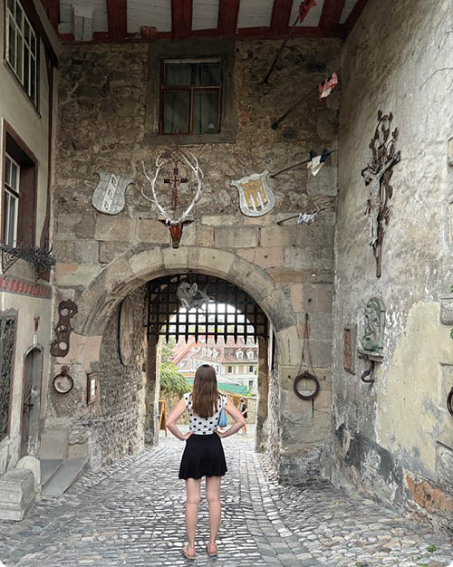 Eine Person mit langen Haaren, einem gepunkteten Oberteil und einem schwarzen Rock steht auf einem gepflasterten Weg vor einem alten steinernen Tor mit einem Gitter. Beschreibung von KI generiert