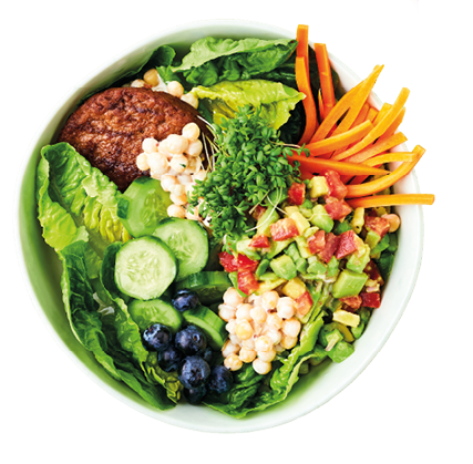 Eine bunte Sch ssel mit frischem Salat, Gurkenscheiben, Karottenstreifen, Blaubeeren, Kichererbsen, einem pflanzlichen Patty und einem Avocado-Tomaten-Mix. Beschreibung von KI generiert