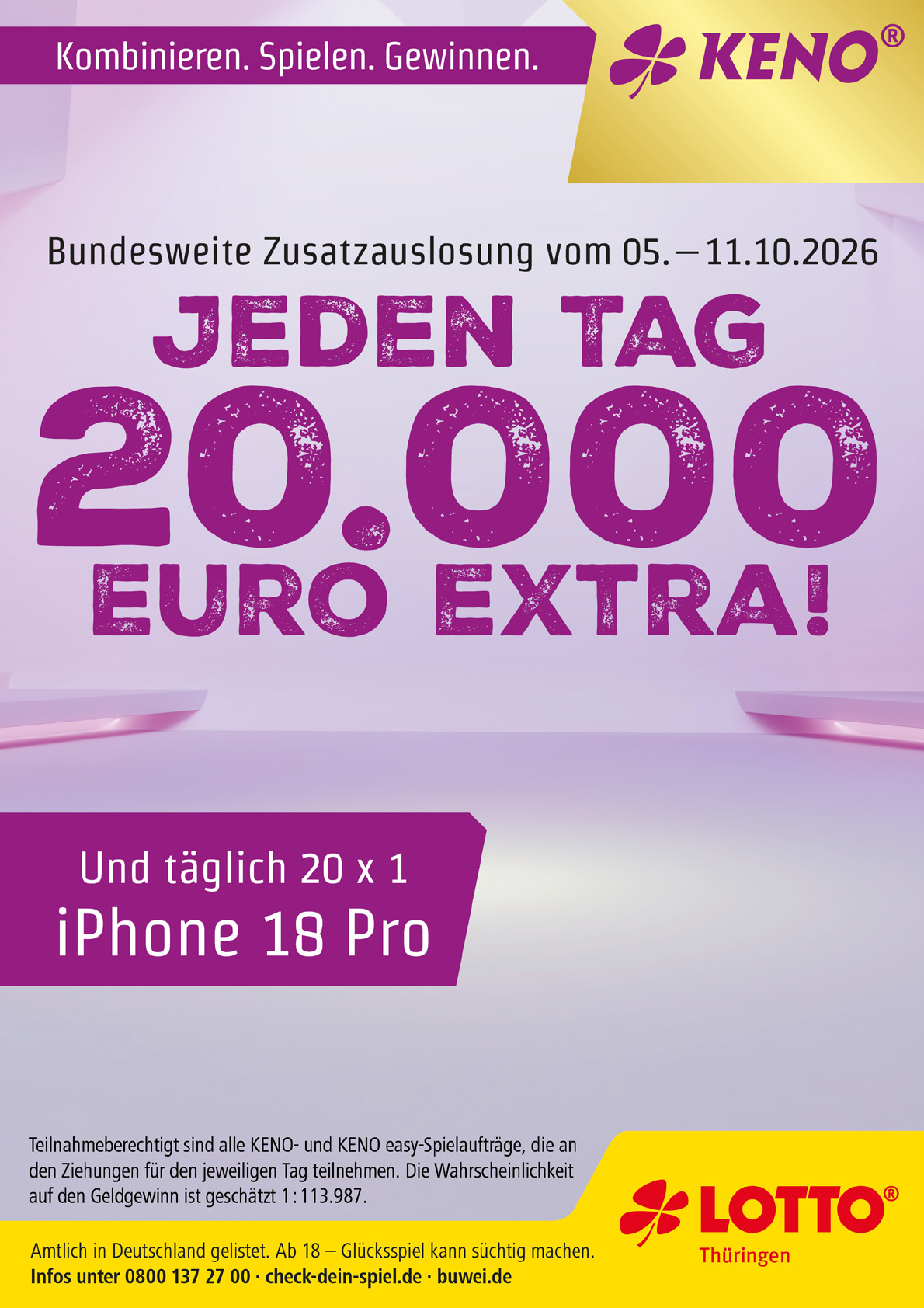Werbung f r eine Keno-Lotterie mit t glicher Zusatzziehung und der Chance auf 20.000 Euro extra sowie t glich ein iPhone 18 Pro. Beschreibung von KI generiert
