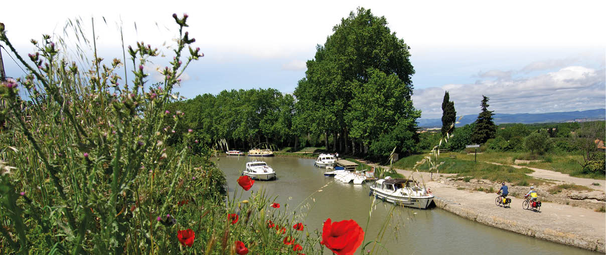 Ein ruhiger Fluss mit mehreren Booten liegt neben einem Weg, auf dem zwei Personen mit Fahrr dern unterwegs sind, umgeben von gr nen B umen und roten Blumen im Vordergrund. Beschreibung von KI generiert