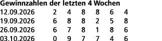Gewinnzahlen der letzten 4 Wochen 12.09.2026 2 4 8 8 6 4 19.09.2026 6 8 8 2 5 8 26.09.2026 6 7 8 1 8 6 03.10.2026 0 9...
