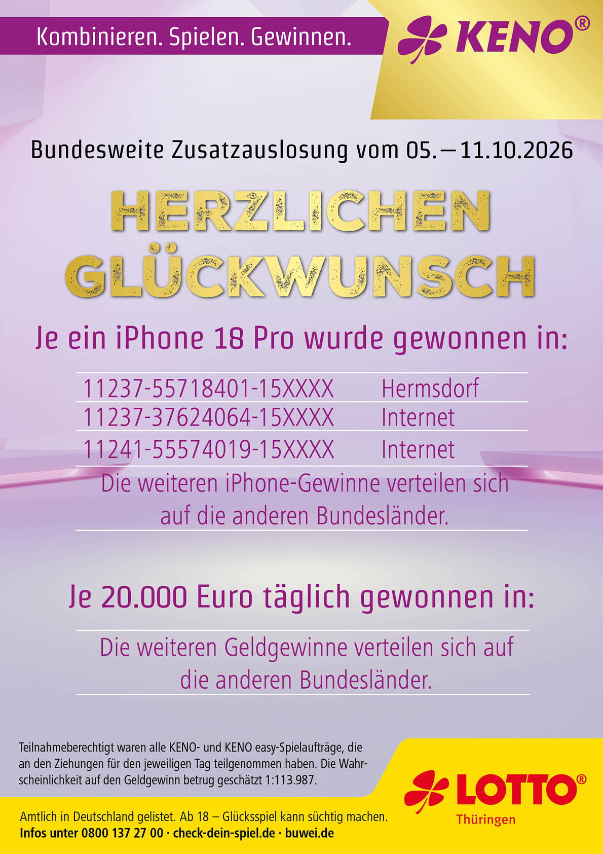 KENO und LOTTO Th ringen gratulieren zu iPhone 18 Pro Gewinnen und informieren ber eine bundesweite Zusatzauslosung mit t glichen Geldgewinnen im Oktober 2026.  Beschreibung von KI generiert