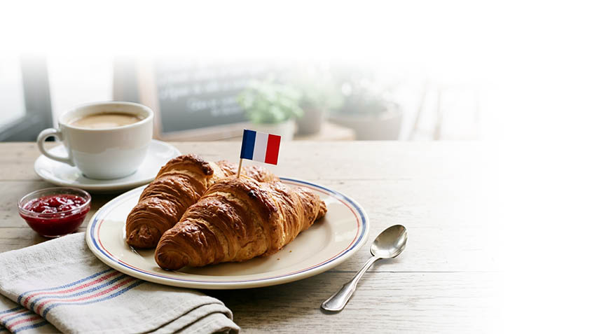 Zwei Croissants mit einer kleinen franz sischen Flagge auf einem Teller stehen neben einer Tasse Kaffee, einem L ffel und einem kleinen Sch lchen Marmelade auf einem Holztisch. Beschreibung von KI generiert