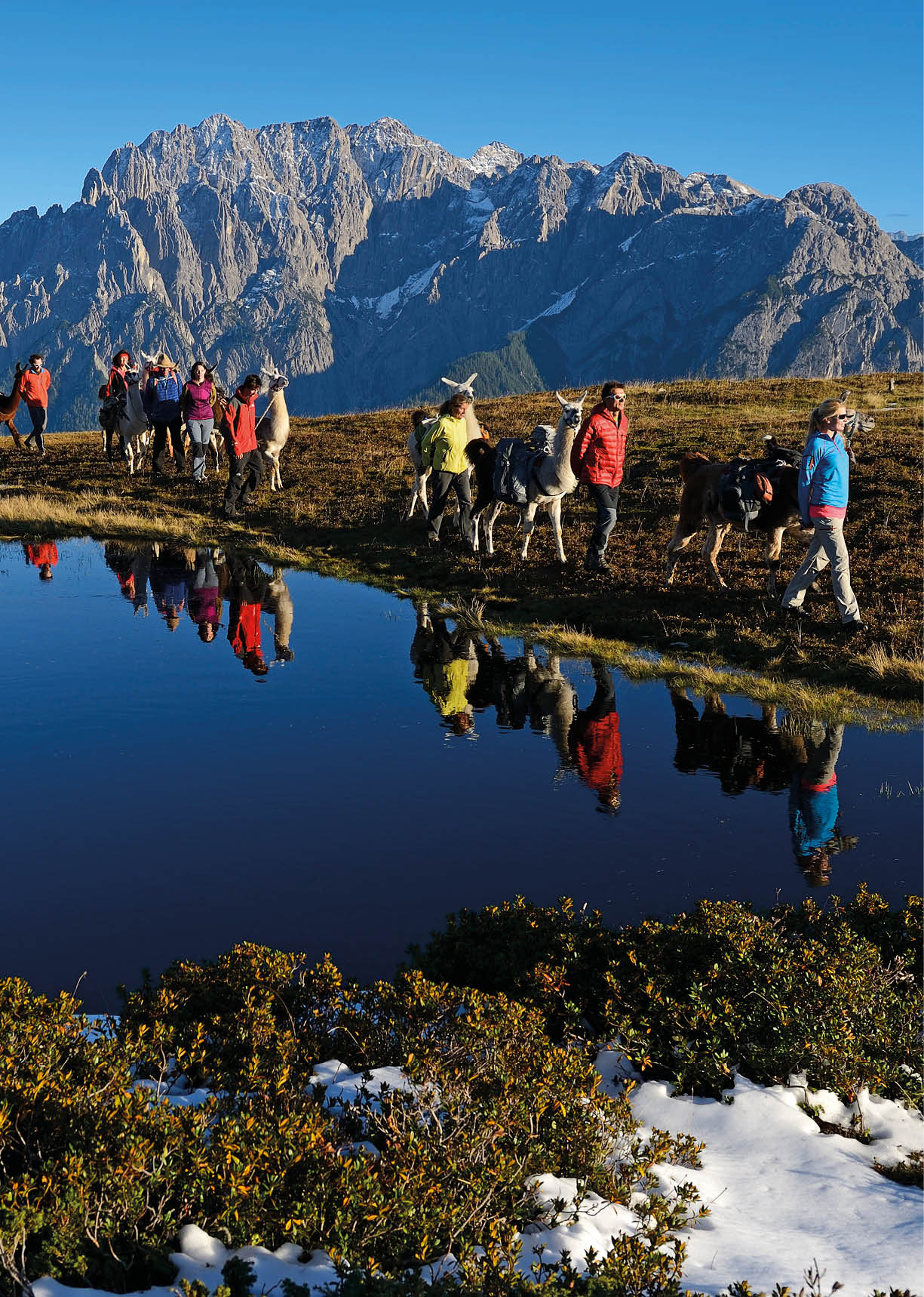 Mehrere Personen in Outdoor-Bekleidung stehen auf einer Wiese neben einem kleinen See, der die Berglandschaft und den blauen Himmel im Hintergrund spiegelt. Beschreibung von KI generiert