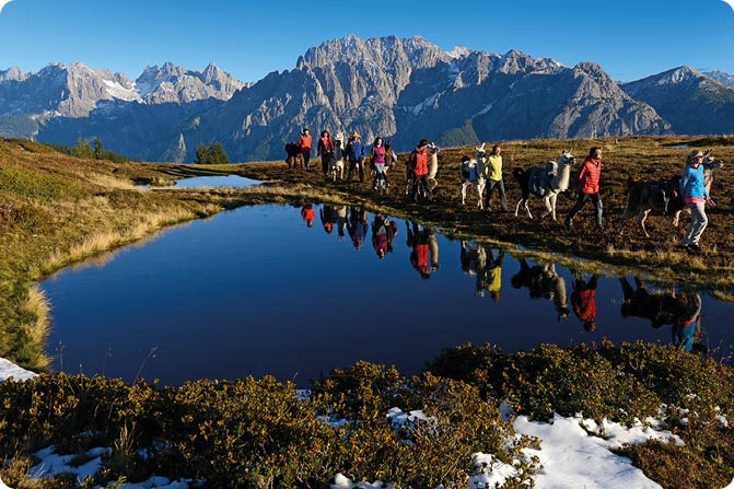 Eine Gruppe von Menschen in bunter Outdoor-Bekleidung wandert entlang eines kleinen Sees in einer Berglandschaft bei klarem Himmel. Beschreibung von KI generiert