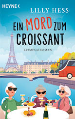 Drei Seniorinnen mit Sonnenbrillen sitzen an einem Tisch im Freien am Flussufer in Paris und genie en Getr nke und Geb ck vor der Kulisse des Eiffelturms und eines Busses. Beschreibung von KI generiert