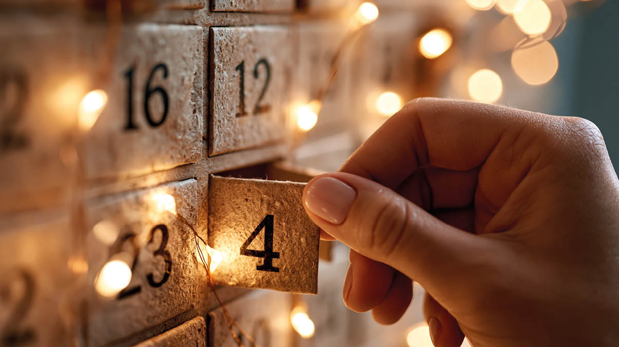 Eine Hand ffnet ein kleines Fach mit der Zahl vier an einem Adventskalender, der mit warmen Lichterketten dekoriert ist.  Beschreibung von KI generiert
