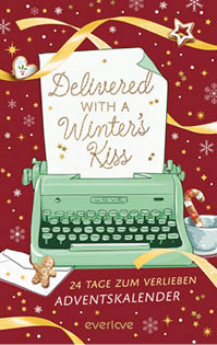 Ein festlich gestalteter Adventskalender mit einer gr nen Schreibmaschine, auf der ein Zettel mit der Aufschrift „Delivered with a Winter’s Kiss“ steht, umgeben von Weihnachtsdekorationen wie Lebkuchen, Zuckerstangen und goldenen B ndern. Beschreibung von KI generiert