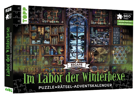 Ein Puzzle-Adventskalender mit winterlichem Labor- und Werkstattmotiv, der eine verschneite Landschaft durch ein Fenster zeigt und verschiedene Werkzeuge und B cherregale darstellt. Beschreibung von KI generiert