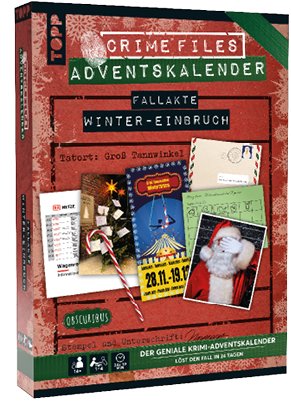 Krimi-Adventskalender mit winterlichen und weihnachtlichen Motiven wie einem Weihnachtsmann, einem Zuckerstangenstiel und verschiedenen Karten auf rotem Hintergrund. Beschreibung von KI generiert