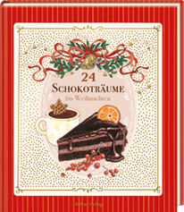 Ein festlich gestaltetes Buchcover zeigt eine Tasse mit Sternkeks, ein St ck Schokoladenkuchen mit Orangenscheibe und roten Beeren sowie eine dekorative Schleife mit Glocken und gr nen Zweigen, dazu der Titel „24 Schokotr ume bis Weihnachten“. Beschreibung von KI generiert