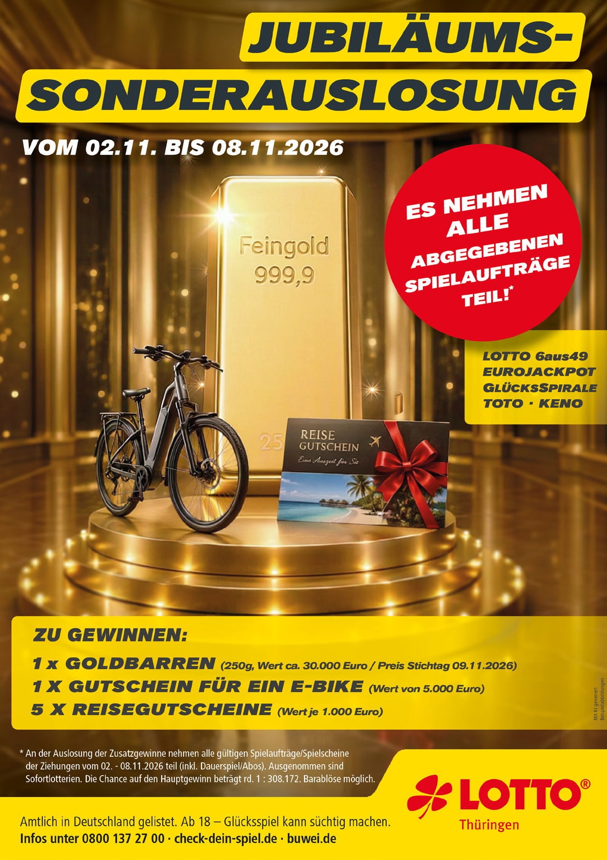 Goldbarren, E-Bike und Reisegutschein werden als Preise einer Jubil ums-Sonderauslosung von Lotto Th ringen beworben, die vom 2. bis 8. November 2026 stattfindet. Beschreibung von KI generiert
